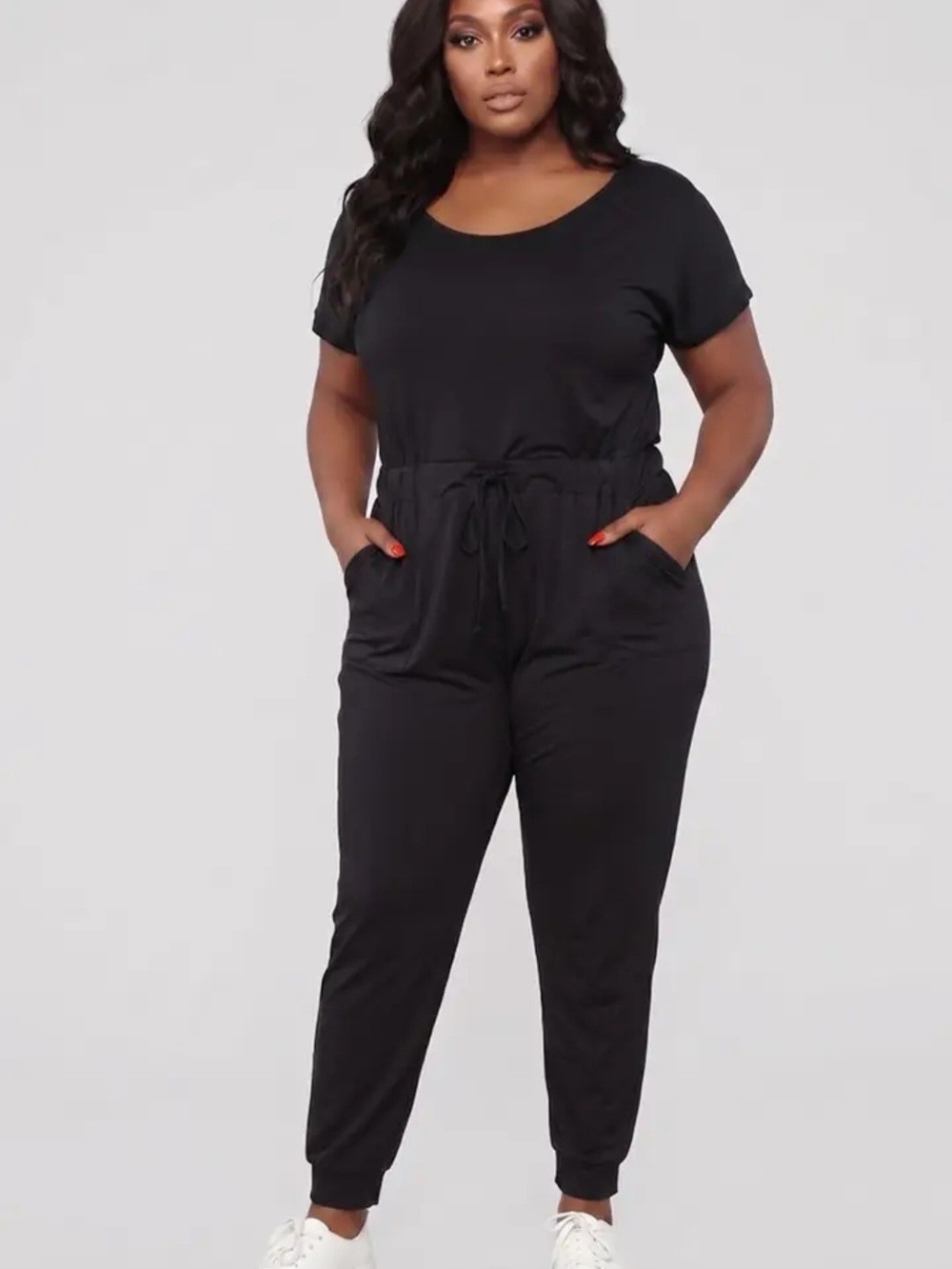 Plus Size Black Short-Sleeve Drawstring Jumpsuit